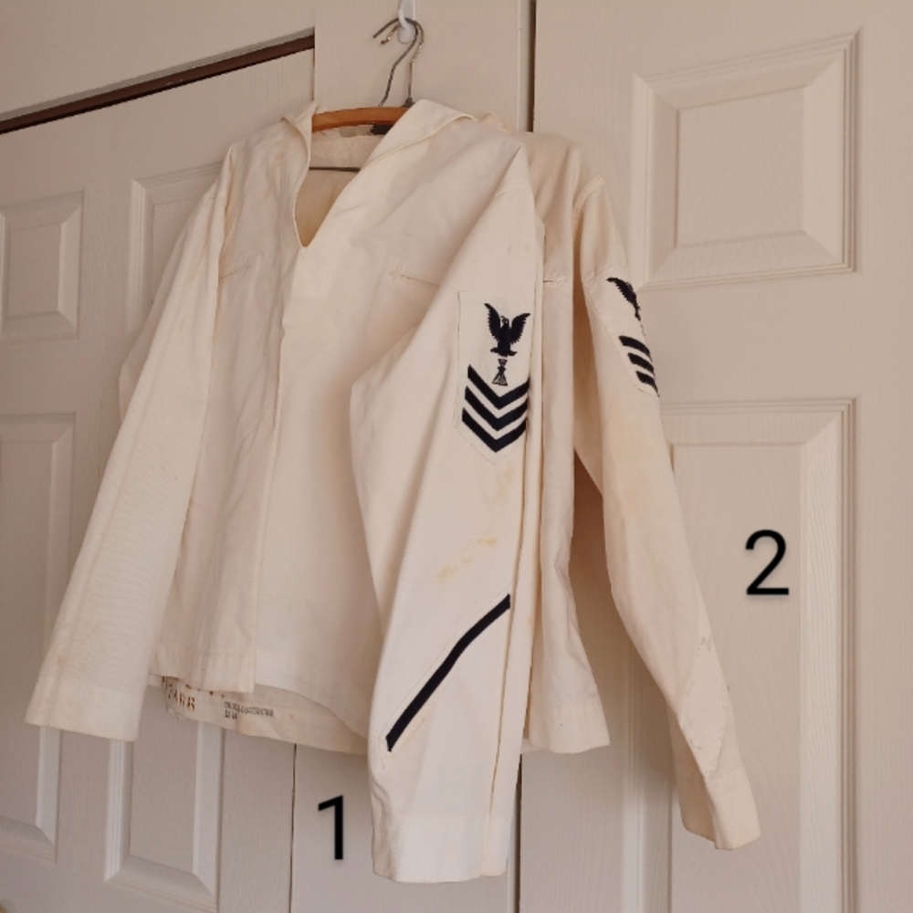 50s - 60s Vintage White 2 Navy Uniform Tops with Black Insignia. Shirts Retro